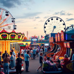 A vibrant and colorful amusement park scene featuring a variety of mechanical games and rides