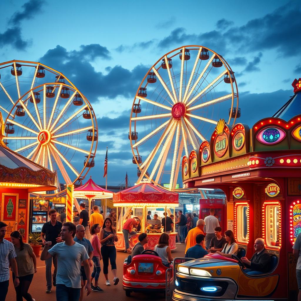 A vibrant and colorful amusement park scene featuring a variety of mechanical games and rides