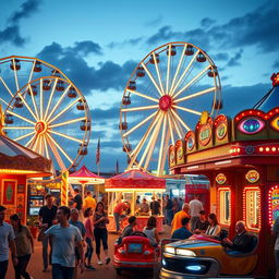 A vibrant and colorful amusement park scene featuring a variety of mechanical games and rides