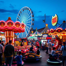 A vibrant and colorful amusement park scene featuring a variety of mechanical games and rides