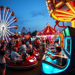 A vibrant and colorful amusement park scene featuring a variety of mechanical games and rides