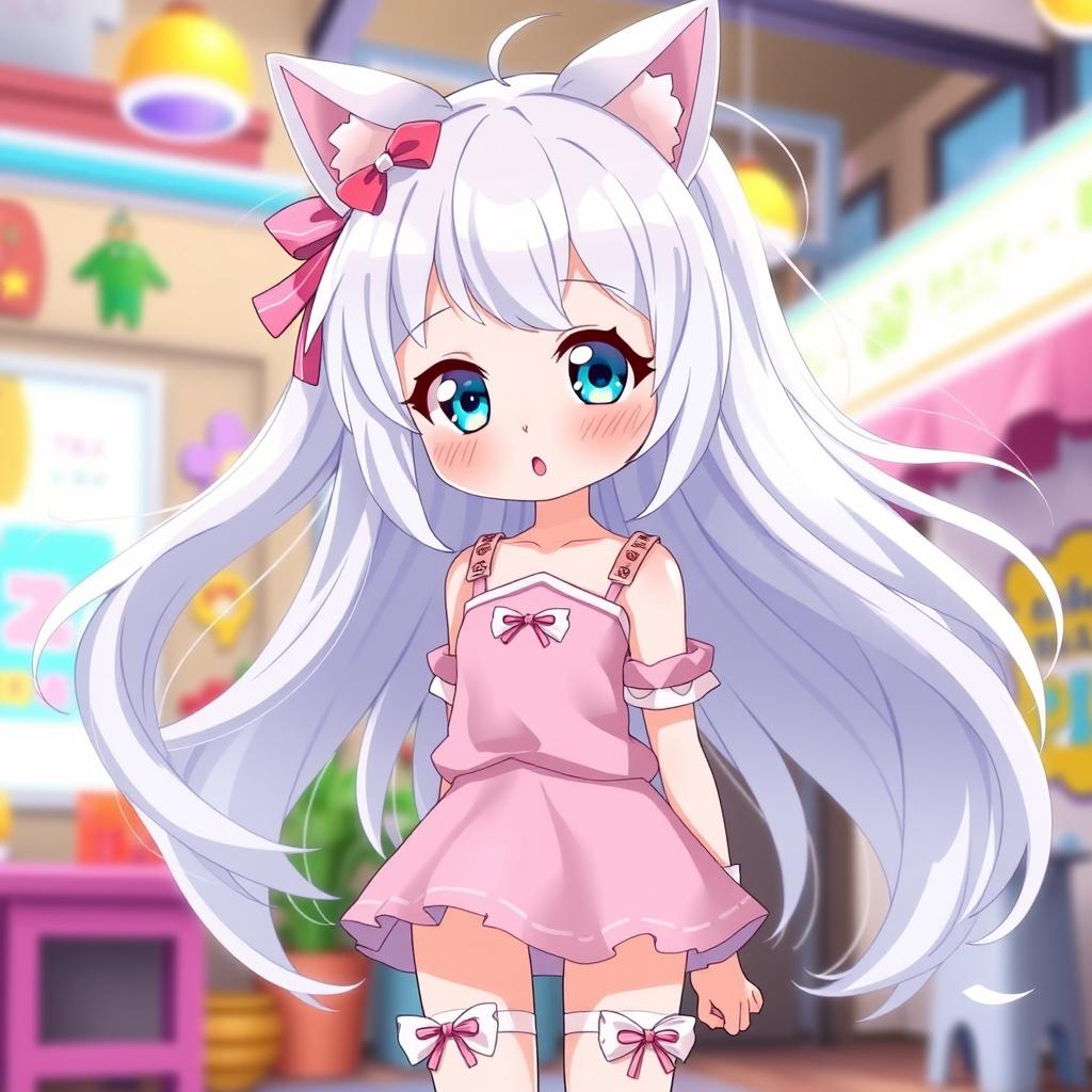 A tall, cute anime girl with flowing white hair styled in a charming manner, adorned with adorable cat ears that enhance her playful look