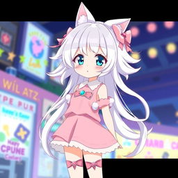 A tall, cute anime girl with flowing white hair styled in a charming manner, adorned with adorable cat ears that enhance her playful look