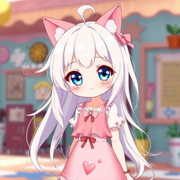 A tall, cute anime girl with flowing white hair styled in a charming manner, adorned with adorable cat ears that enhance her playful look