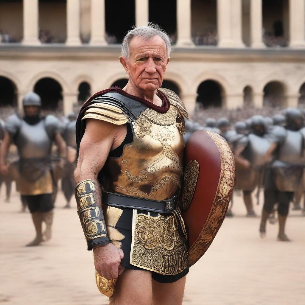 Bernard Arnault set in the heat of a gladiatorial game, dressed as a determined Roman gladiator with a sharp gladius and a bold shield, amidst the roaring crowd of the colosseum