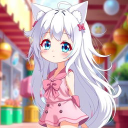 A tall, cute anime girl with flowing white hair styled in an adorable fashion, featuring charming cat ears that enhance her playful character