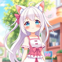 A tall, cute anime girl with flowing white hair styled in an adorable fashion, featuring charming cat ears that enhance her playful character