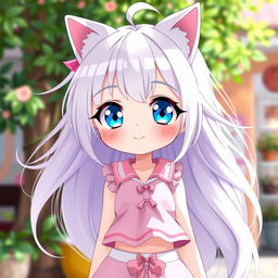 A tall, cute anime girl with flowing white hair styled in an adorable fashion, featuring charming cat ears that enhance her playful character