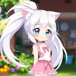 A tall, cute anime girl with flowing white hair styled in an adorable fashion, featuring charming cat ears that enhance her playful character