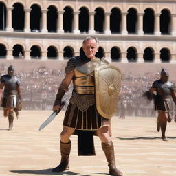 Bernard Arnault set in the heat of a gladiatorial game, dressed as a determined Roman gladiator with a sharp gladius and a bold shield, amidst the roaring crowd of the colosseum