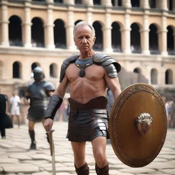 Bernard Arnault set in the heat of a gladiatorial game, dressed as a determined Roman gladiator with a sharp gladius and a bold shield, amidst the roaring crowd of the colosseum