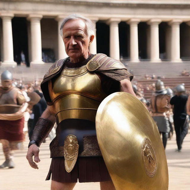 Bernard Arnault set in the heat of a gladiatorial game, dressed as a determined Roman gladiator with a sharp gladius and a bold shield, amidst the roaring crowd of the colosseum