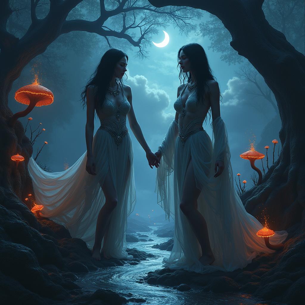 A seductive dark fantasy scene set in the underworld, featuring ethereal figures cloaked in flowing, translucent fabrics, illuminated by an eerie glow from luminous fungi and spectral flames