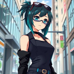 A tall, cool anime girl with striking dark teal hair styled in a fashionable manner, complemented by stylish sunglasses that enhance her trendy appearance