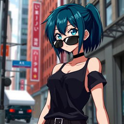 A tall, cool anime girl with striking dark teal hair styled in a fashionable manner, complemented by stylish sunglasses that enhance her trendy appearance