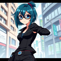 A tall, cool anime girl with striking dark teal hair styled in a fashionable manner, complemented by stylish sunglasses that enhance her trendy appearance