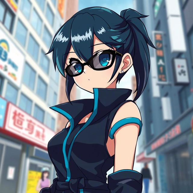 A tall, cool anime girl with striking dark teal hair styled in a fashionable manner, complemented by stylish sunglasses that enhance her trendy appearance