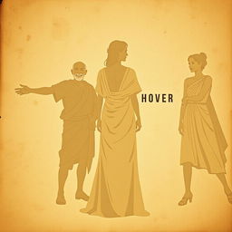 A theater poster inspired by Greco-Latin aesthetics, set against a backdrop of crumpled ancient parchment