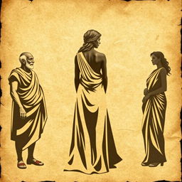 A theater poster inspired by Greco-Latin aesthetics, set against a backdrop of crumpled ancient parchment