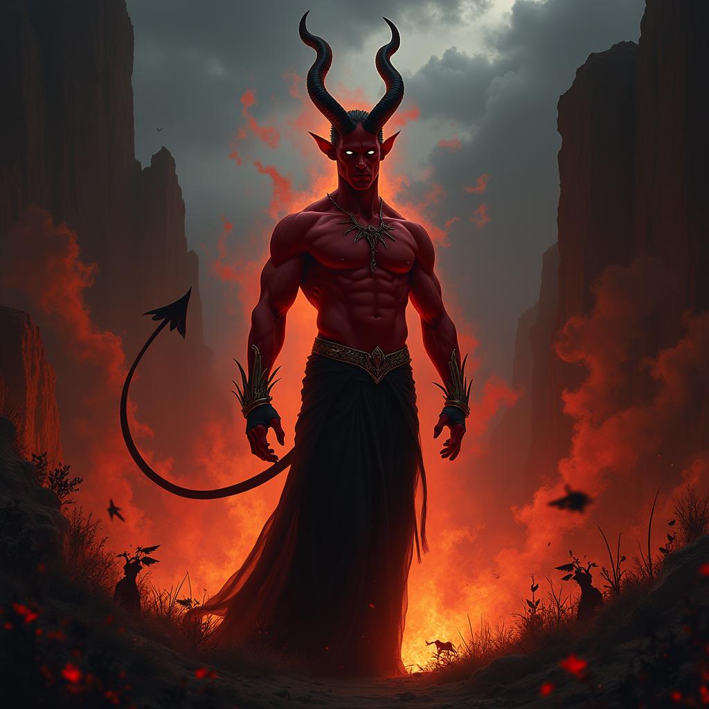 A seductive dark fantasy scene with the devil set in the underworld, featuring a charismatic figure with striking red skin, sharp horns, and glowing eyes, exuding an aura of danger and allure