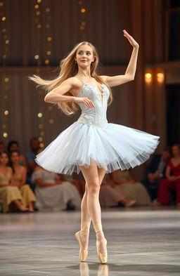 A graceful and elegant ballerina named Rafaela, dressed in a stunning white tutu with sparkling sequins, performing a pirouette on stage
