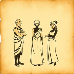 An aged, crumpled ancient paper background featuring three faded, cartoonish silhouettes