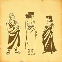 An aged, crumpled ancient paper background featuring three faded, cartoonish silhouettes