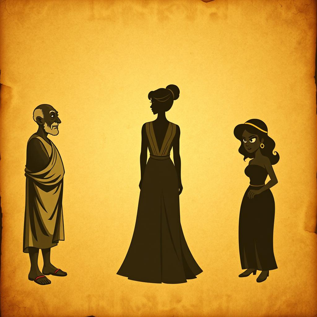 An aged, crumpled ancient paper background featuring three faded, cartoonish silhouettes