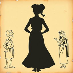 A vintage Greco-Latin theater poster on crumpled, aged paper background, featuring three worn, opaque silhouettes