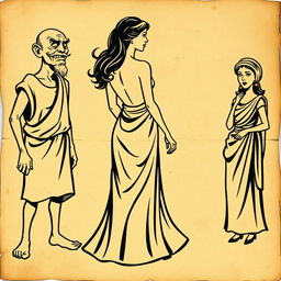 A vintage Greco-Latin theater poster on crumpled, aged paper background, featuring three worn, opaque silhouettes