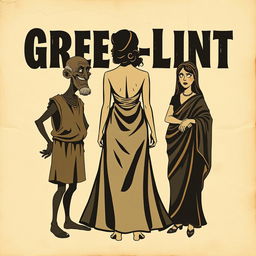 A vintage Greco-Latin theater poster on crumpled, aged paper background, featuring three worn, opaque silhouettes