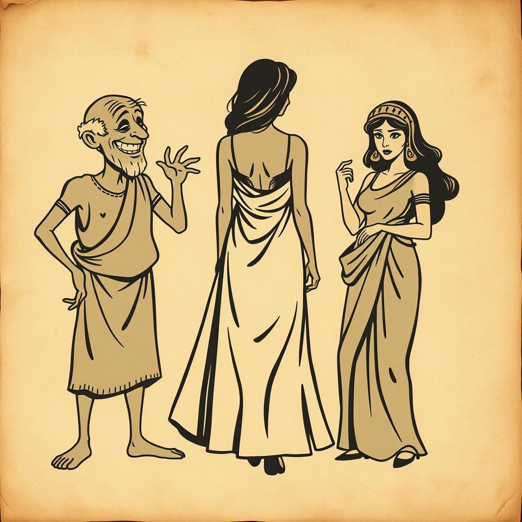 A vintage Greco-Latin theater poster on crumpled, aged paper background, featuring three worn, opaque silhouettes