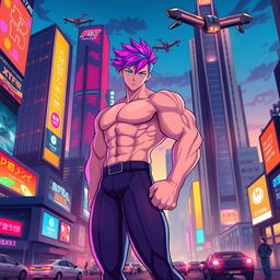 A dynamic and colorful illustration of a muscular futanari character, standing confidently in a futuristic cityscape at twilight