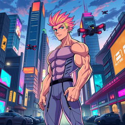 A dynamic and colorful illustration of a muscular futanari character, standing confidently in a futuristic cityscape at twilight