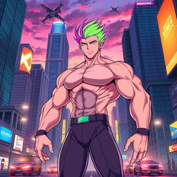 A dynamic and colorful illustration of a muscular futanari character, standing confidently in a futuristic cityscape at twilight