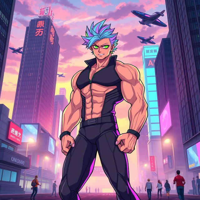 A dynamic and colorful illustration of a muscular futanari character, standing confidently in a futuristic cityscape at twilight