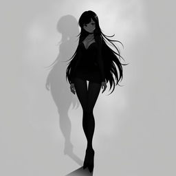 A tall, captivating anime girl depicted as a shadow person, radiating a seductive and mysterious vibe