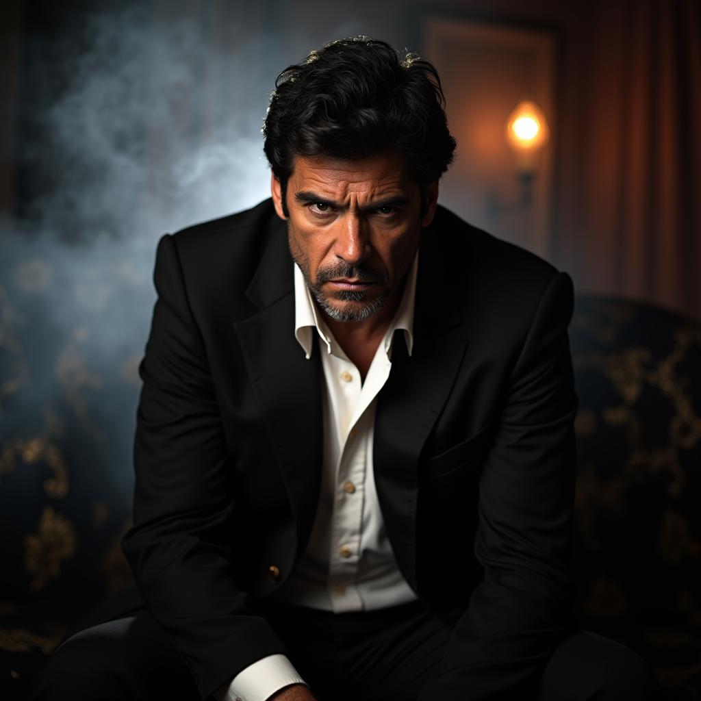 A dramatic portrait of a powerful, intense man reminiscent of Al Pacino in Scarface