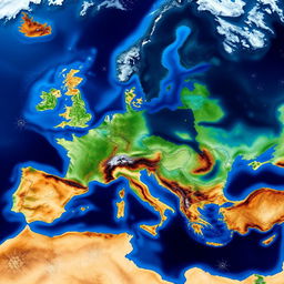 A satellite map depicting post-nuclear war Europe, showcasing a dramatically altered landscape