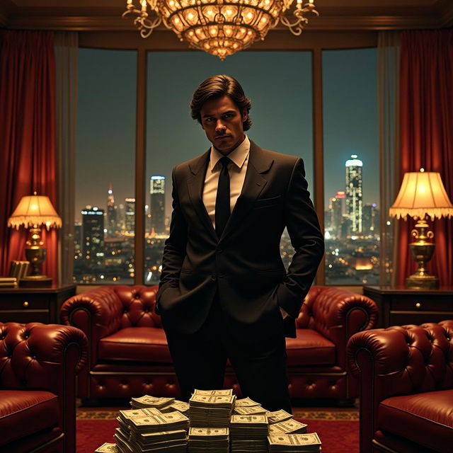 A dynamic scene inspired by Scarface, featuring a heavily stylized, legendary drug lord character, standing confidently in a lavish, opulent office filled with luxurious decor