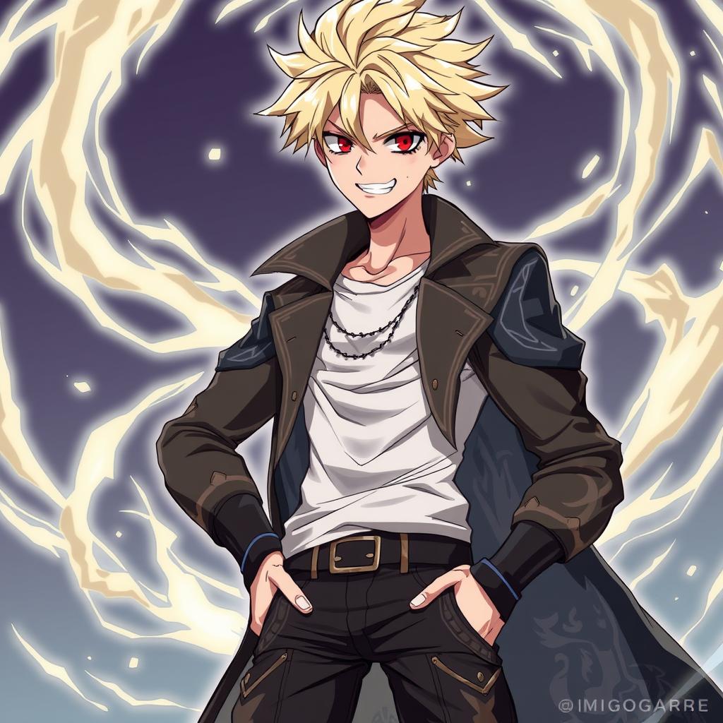 A tall, cool anime boy characterized by striking blond hair and intense red eyes, sporting a mischievous grin that reflects his persona as the God of Chaos