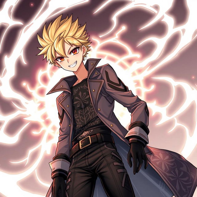 A tall, cool anime boy characterized by striking blond hair and intense red eyes, sporting a mischievous grin that reflects his persona as the God of Chaos