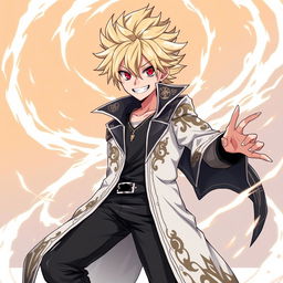 A tall, cool anime boy characterized by striking blond hair and intense red eyes, sporting a mischievous grin that reflects his persona as the God of Chaos