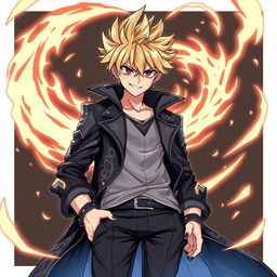 A tall, cool anime boy characterized by striking blond hair and intense red eyes, sporting a mischievous grin that reflects his persona as the God of Chaos