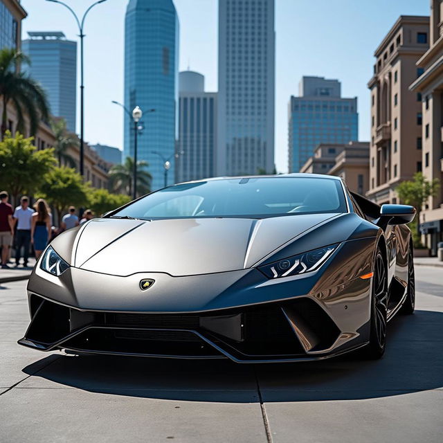 A sleek and powerful Lamborghini sports car parked in a sunlit urban environment, showcasing its aggressive angular design and vibrant color