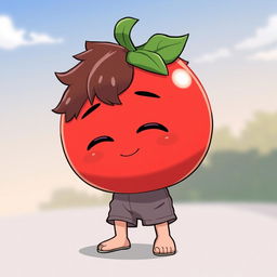 A friendly, chill anime guy with a unique design resembling a tomato, characterized by a round, vibrant red body and green leafy accents on his head mimicking a tomato's leaf