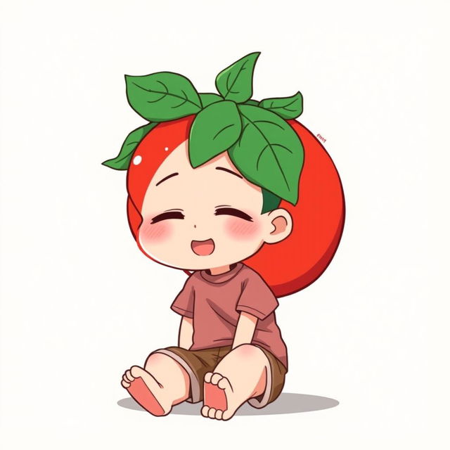 A friendly, chill anime guy with a unique design resembling a tomato, characterized by a round, vibrant red body and green leafy accents on his head mimicking a tomato's leaf