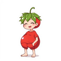 A friendly, chill anime guy with a unique design resembling a tomato, characterized by a round, vibrant red body and green leafy accents on his head mimicking a tomato's leaf
