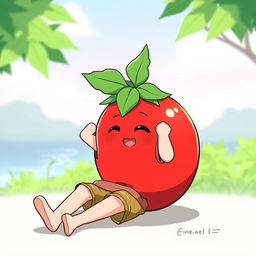 A friendly, chill anime guy with a unique design resembling a tomato, characterized by a round, vibrant red body and green leafy accents on his head mimicking a tomato's leaf