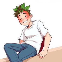 A tall, 17-year-old anime guy resembling a tomato, featuring a round, vibrant red body and leafy green accents on top of his head